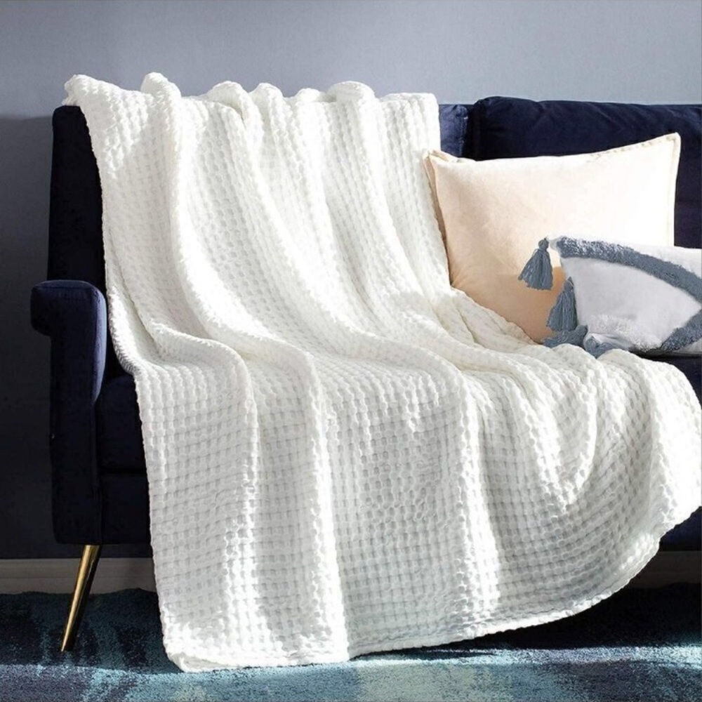 COTTON Waffle Weave Bamboo Blanket Queen Size Cream Soft Lightweight Bed Blanket